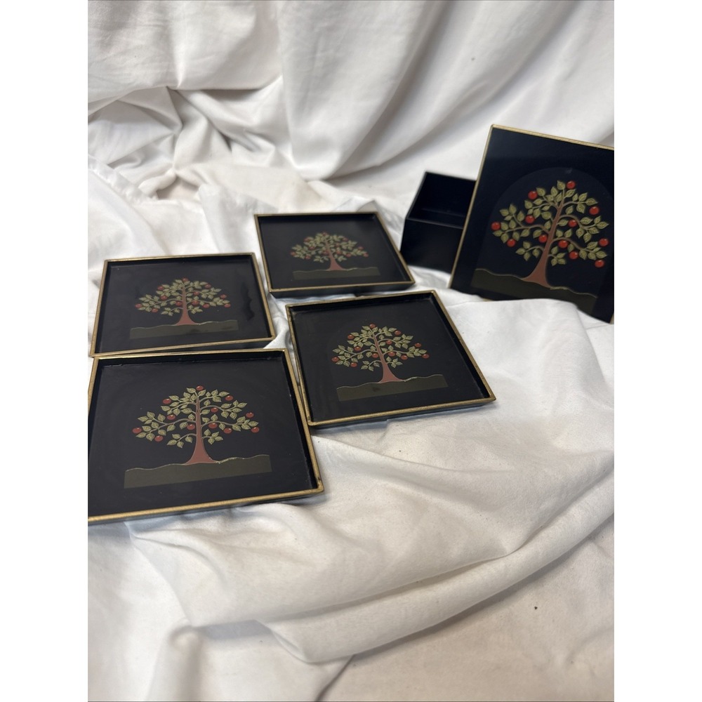 Vintage Otagiri Japan Black Gold Lacquerware Warren Kimble Apple Tree Coasters